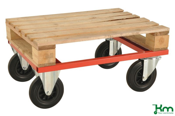 Chariot à palette Kongamek - bas, 2 roulettes fixes et 2 pivotantes en caoutchouc plein avec freins, Rouge, 800 x 600 x 270 mm, KM217-HB