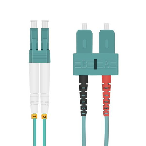 Câble patch fibre optique Helos LC/SC Duplex50/125µm OM3 aqua 1.5m, 218696