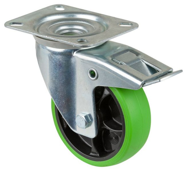 Roulette de transport pivotante BS Rollers avec frein, roue en caoutchouc thermoplastique, pneu vert, roulement à rouleaux, plaque, 100 mm, lot de 4, L420.B44.101.04