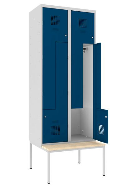 KEMMLIT Casier Z avec 2 compartiments et 4 portes 40cm avec banc, bleu gentiane 5010, loquet rotatif, 252154