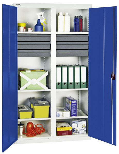 armoire à outils et matériel série 3000, 7035/5010, 6 tiroirs 100 mm, cloison centrale, 6 tablettes, 3004274