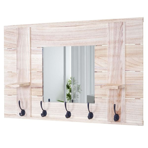 Armoire murale Mendler HWC-C89 avec miroir, panneau d'armoire, look vintage shabby, 5 crochets 90x60cm, marron naturel, 61936