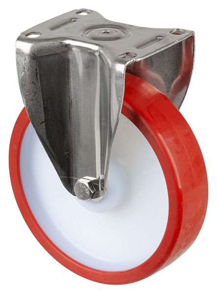 BS Rolls Roulette robuste en inox, roulette fixe, largeur 50 mm, Ø200 mm, jusqu'à 450 kg, polyuréthane rouge, corps en plastique, roulement à rouleaux en inox, HS110.B28.201