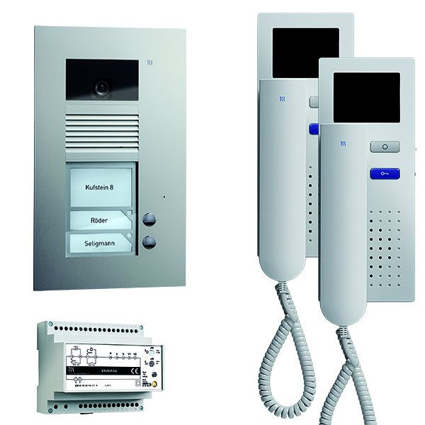 Vidéo interphone TCS : pack AP pour 2 logements, avec platine de rue AVU 2 boutons de sonnerie, 2x visiophone IVH3222, commande, PVU1620-0010