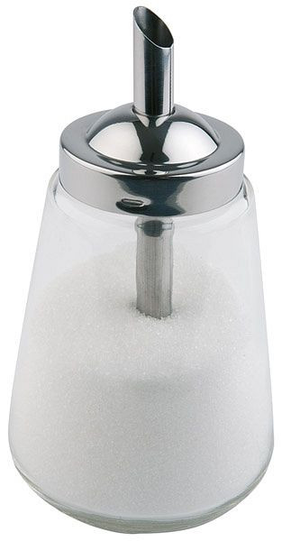 Verseur à sucre tout usage APS, Ø 8,5 cm, hauteur : 15 cm, 300 ml, récipient en verre, couvercle à vis en inox, avec tube doseur, 00766