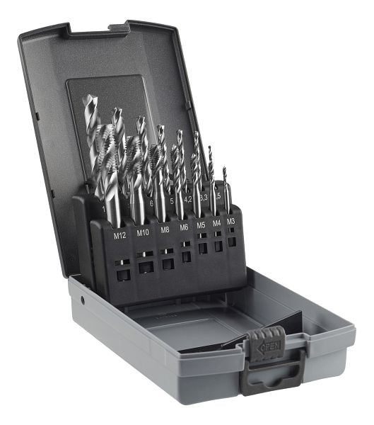 Assortiment de tarauds machine GSR 14 pièces forme C/RSP35° HSS filetage métrique M3-M12 + foret hélicoïdal, 08303018