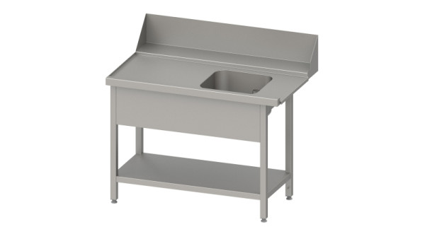 Table d'alimentation Stalgast "Pro", guide de panier avec pente, étagère de base, 1 bassin 1600x750x880mm, côté d'installation à gauche, dosseret, panneau de bassin, VZL16714LA
