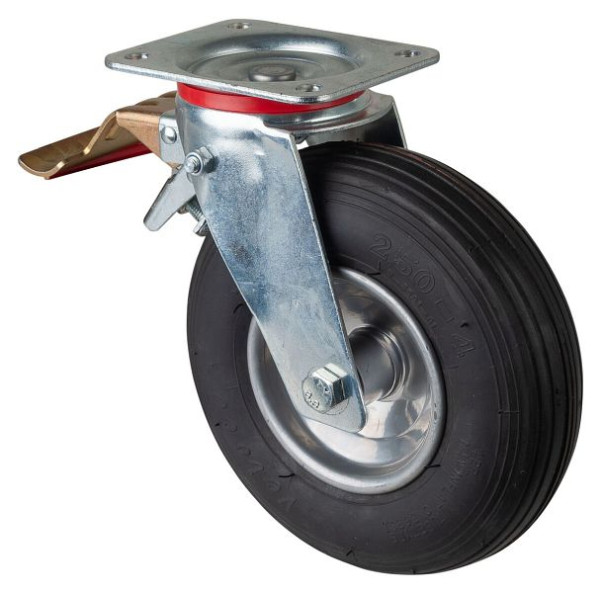 Rouleau de transport BS rollers avec frein, largeur 65 mm, Ø230 mm, jusqu'à 130 kg, roue pneumatique en caoutchouc noir, corps de roue jante en acier, roulement à rouleaux, L420.C90.230