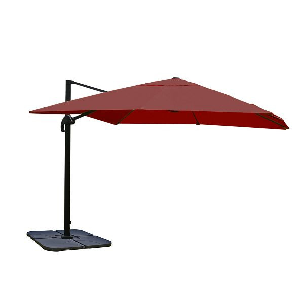Mendler gastronomy parapluie feu tricolore HWC-A96, parasol 3x3m (Ø4,24m) polyester aluminium/acier 23kg, bordeaux avec support, rotatif, 130670+31831+122472