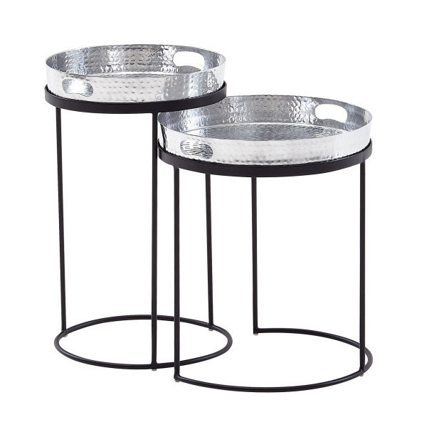 Tables d'appoint Wohnling lot de 2 tables rondes martelées en métal argenté/noir, table basse plateau amovible, WL6.460
