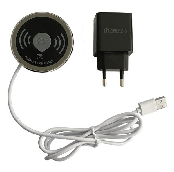 Chargeur QI Hammerbacher ELQI10, inductif pour appareils compatibles Qi, argent brossé, entrée : DC 5V/2A, sortie : DC 5V/1A, fiche 230V, câble 1,5 m, VELQI11