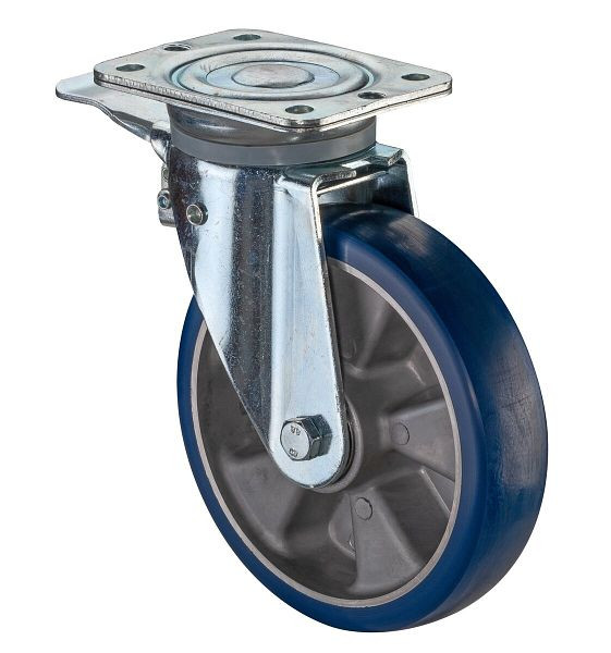 Roulette pivotante pour charges lourdes BS Wheels avec frein, roue en polyuréthane 83 Shore, jante en aluminium, roulement à billes, platine, diamètre : 200 mm, N120.B92.200