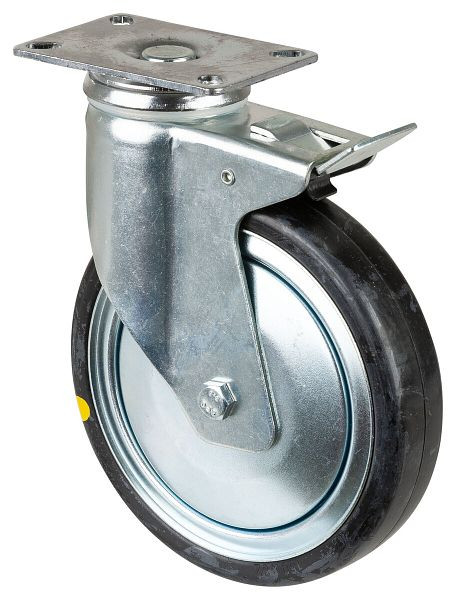 Roulettes BS Roulette pour appareil lourd avec frein, largeur 32 mm, Ø150 mm, 100 kg, caoutchouc gris, conducteur, corps plastique, roulement à billes, platine, C120.A89.150
