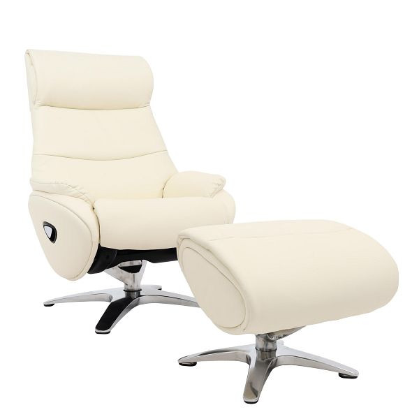 Fauteuil relax Mendler avec tabouret HWC-K98, fauteuil fauteuil TV, fonction d'inclinaison rotative, métal cuir véritable/simili cuir, blanc crème, 98335