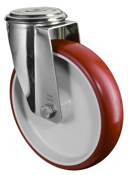 Rouleau de transport BS rollers inox, largeur 45 mm, Ø200 mm, jusqu'à 200 kg, bande de roulement polyuréthane rouge, corps de roue plastique, palier lisse, H101.B26.200