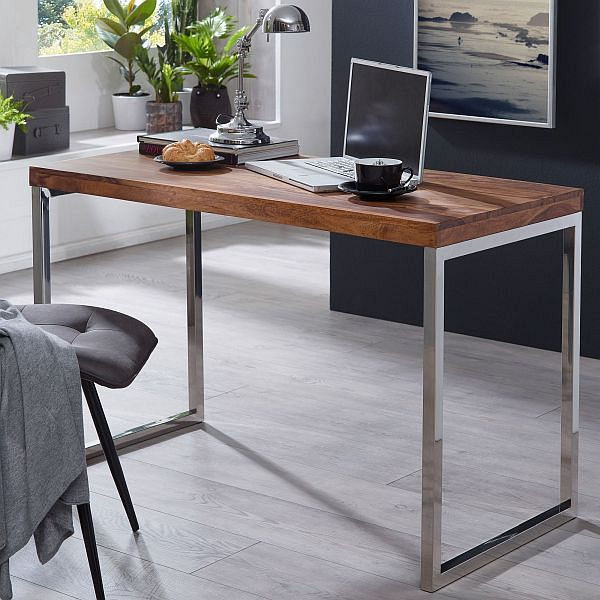 Bureau Wohnling GUNA en bois de Sesham massif 120 x 60 cm, maison de campagne, avec pieds en métal, WL1.787