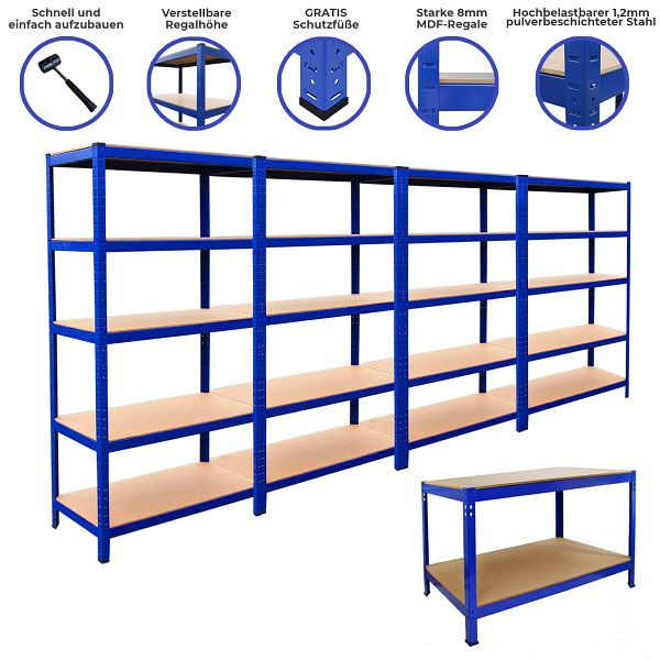 Monster Racking 4x étagère de rangement T-Rax 90 cm bleu et établi Q-Rax 120 cm bleu dans un ensemble, 26348