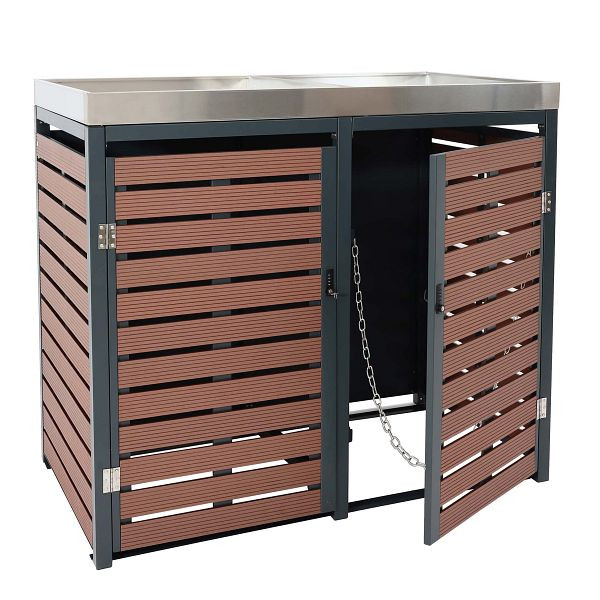 Mendler HWC-K14 Habillage de poubelle 2 places, poubelle avec jardinière, 112x63x78cm acier inoxydable WPC 79kg, aspect bois de noyer, 87623 + 87622