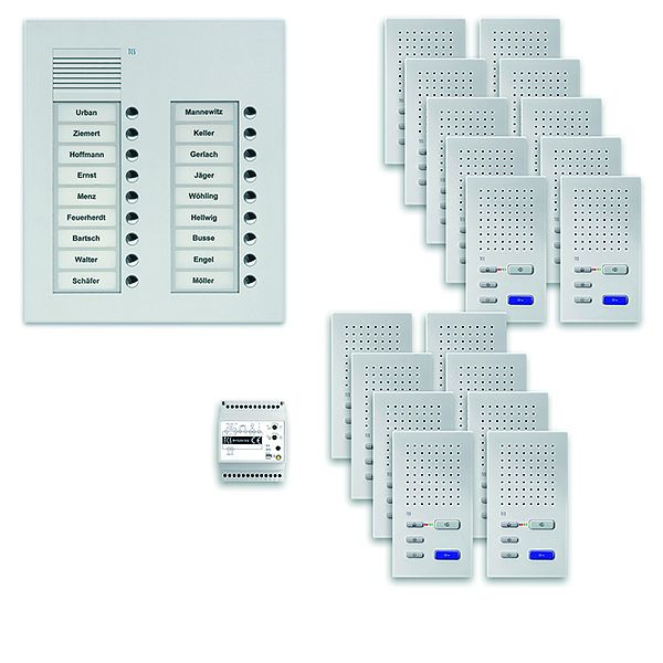 Système de commande de porte audio TCS : pack UP pour 18 unités d'habitation, poste extérieur PUK 18 boutons de sonnerie 2 colonnes, 18x haut-parleur mains libres ISW3030, commande, PPUF18 / 2-EN / 02