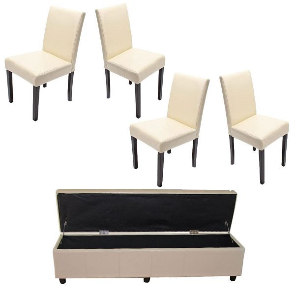 Banc Mendler avec rangement Kriens XXL + 4 chaises Littau, simili cuir / cuir, crème, 12874 + 7976 + 7976 + 1