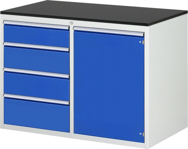 Armoire à tiroirs RAU 7000, L1145xP650xH820mm, gauche : tiroirs H150, 2x180, H210mm, droite : porte battante, plan de travail mélaminé, 03-LL5.21.12AM.11