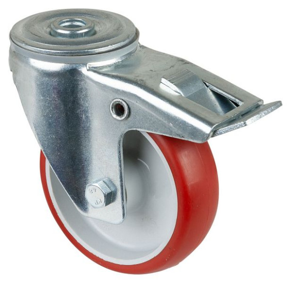 Rouleau de transport BS rollers avec frein, largeur 30 mm, Ø100 mm, jusqu'à 125 kg, bande de roulement polyuréthane rouge, roulement à rouleaux, lot de 2, L121.B31.100