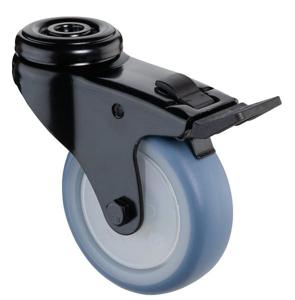 BS Castors Roulette pivotante avec frein noir, roue en caoutchouc thermoplastique bleu clair, roulement à billes, trou arrière, diamètre : 75 mm, pack : 4 pièces, A821.A85.075.05