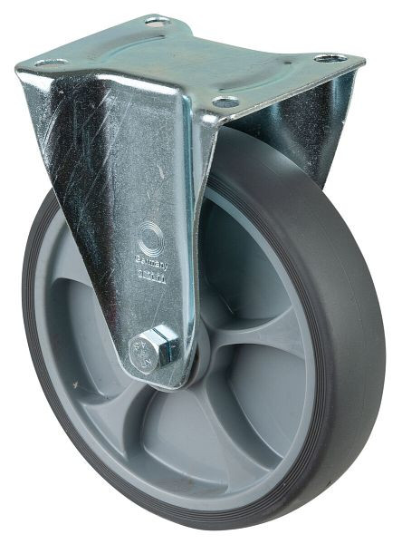 Rouleau de transport à rouleaux BS, rouleau fixe, largeur 45 mm, Ø200 mm, jusqu'à 220 kg, pneus thermoplastiques gris, plastique, roulement à rouleaux, plaque, L410.B44.201