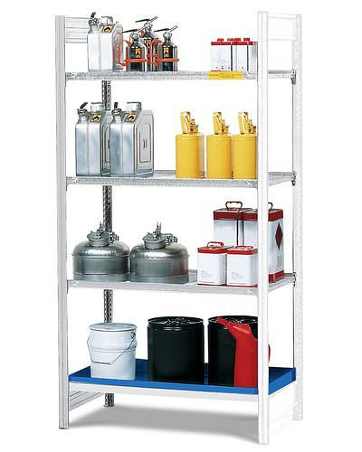 Rayonnage pour matières dangereuses DENIOS GRG 1040 pour matières inflammables, 1 plateau galvanisé et 3 grilles galvanisées, unité complémentaire, 199-563