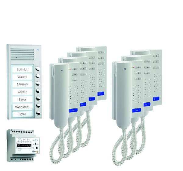 Système de contrôle de porte audio TCS : pack AP pour 7 unités résidentielles, avec poste extérieur PAK 7 boutons de sonnerie, 7x interphones ISH3030, unité de contrôle BVS20, PPA07-EN / 02