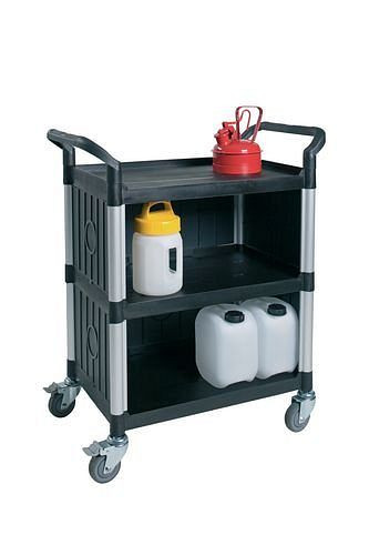 Chariot polyvalent DENIOS PRO, tubes aluminium brossé, 3 niveaux, fermé sur 3 côtés, 180-041