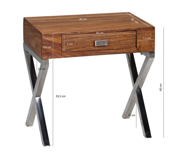 Table de chevet Wohnling GUNA en bois massif sheesham & commode de nuit 45 cm 1 tiroir avec pieds métal, WL1.367