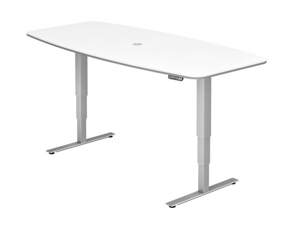 Table de conférence Hammerbacher avec interrupteur mémoire, blanche, en forme de tonneau, avec 1 sortie de câble 8 cm, VXDSM22/W/S