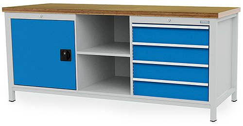 Établi à caisson Bedrunka+Hirth 2000, avec 4 tiroirs et 1 porte battante, 2000x750x859mm, 03.20.16VA