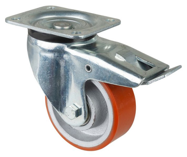 Roulettes BS Roulette robuste avec frein, largeur 50 mm, Ø125 mm, jusqu'à 550 kg, bande de roulement polyuréthane moulé 95 Shore A, fonte, roulement à billes, L620.C10.125