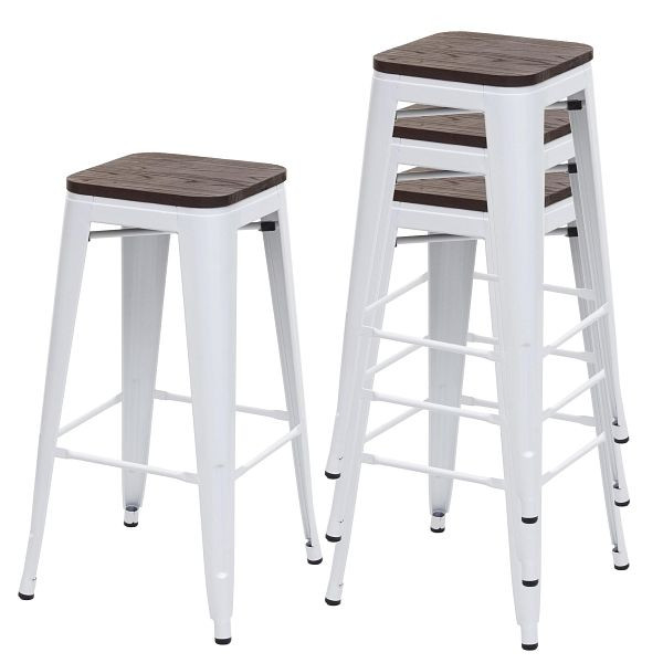 Ensemble de 4 tabourets de bar Mendler HWC-A73 avec siège en bois, tabouret de bar, design industriel en métal, empilable, blanc, 70767