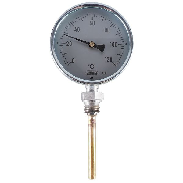 Thermomètre bimétallique JUMO, classe 1.5, plage d'affichage 0 à 120 °C, longueur d'installation 100 mm, tube de protection en acier, 80000103