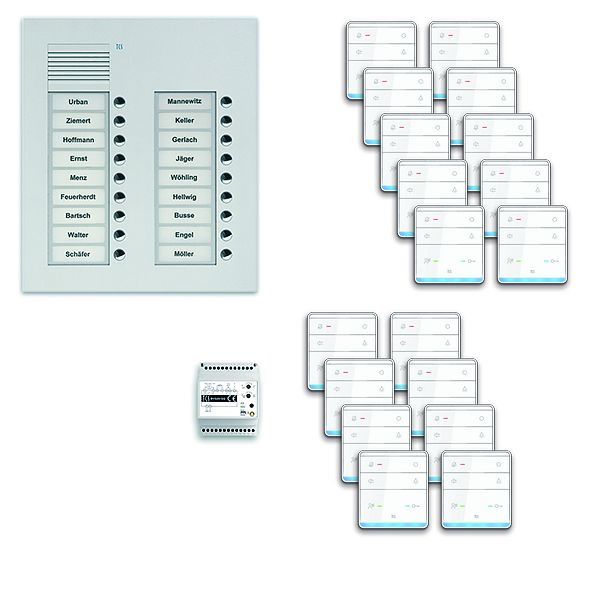 Système de commande de porte audio TCS : pack UP pour 18 unités résidentielles, poste extérieur PUK 18 boutons de sonnerie 2 colonnes, 18x haut-parleur mains libres ISW5010, commande, PPUF18 / 2-EN / 01