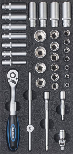 Gamme de chariots d'atelier SW-Stahl, clé à douille 3/8", avec cliquet, 33 pièces, Z3013-14