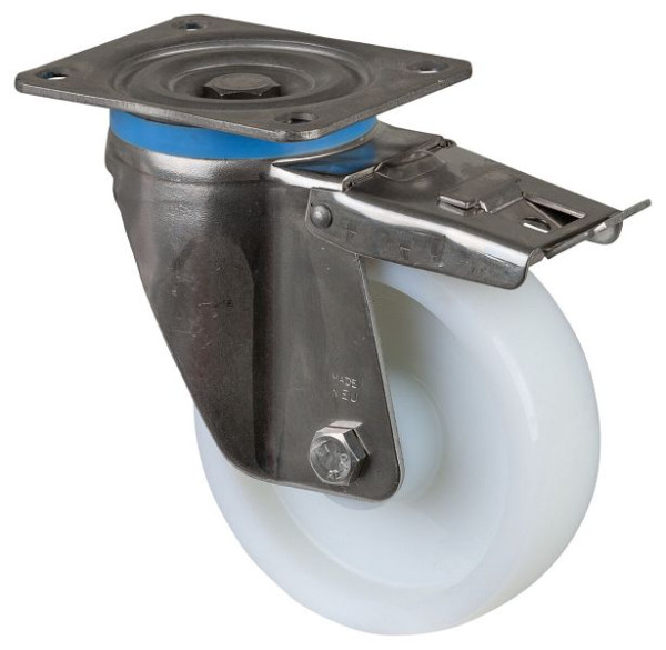 BS Rolls Roulette robuste en acier inoxydable avec frein, largeur 45 mm, Ø150 mm, jusqu'à 700 kg, surface/corps en plastique, roulement à rouleaux en acier inoxydable, HS120.B14.150