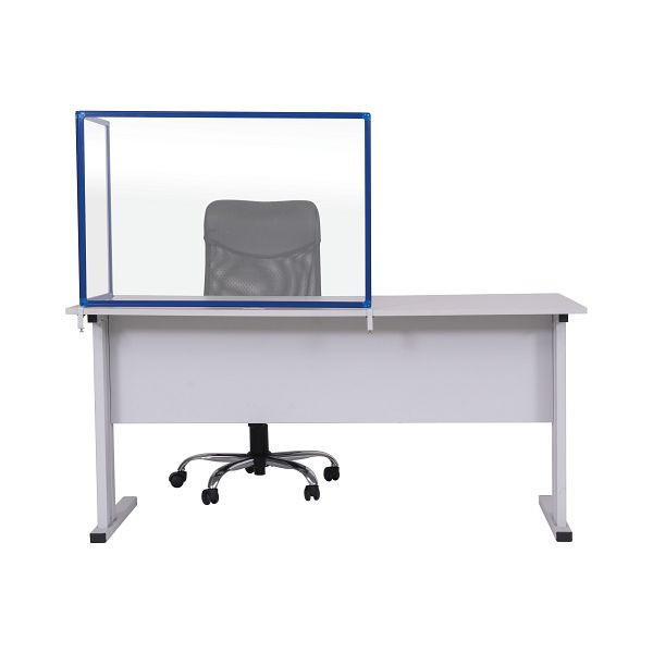 Cloison Bi-Office Duo, pare-éclaboussures acrylique, deux panneaux, angle du deuxième panneau réglable, cadre en aluminium bleu, 90x60cm et 45x60cm, AC03209121