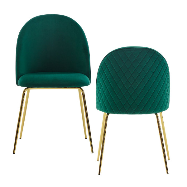 Wohnling Design Lot de 2 chaises de salle à manger rembourrées en velours vert, chaise de cuisine en tissu avec pieds dorés, chaise coque scandinave, WL6.403