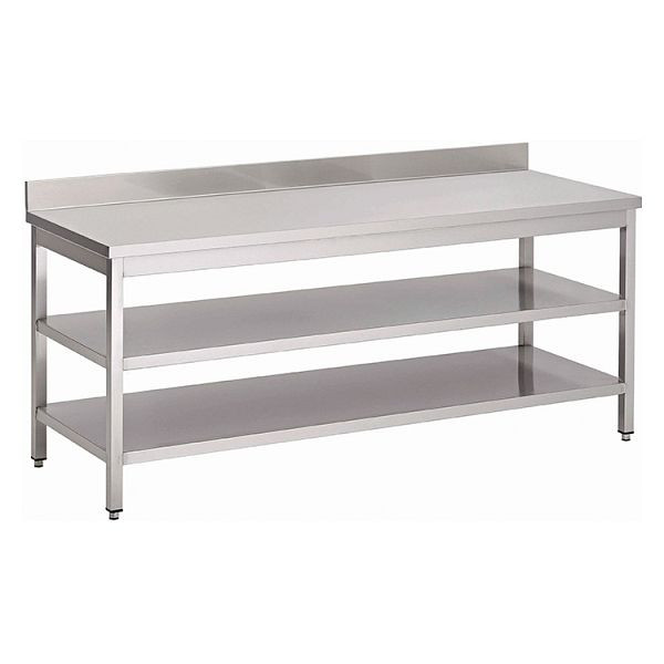 Table de travail Gastro-Inox en acier inoxydable AISI 430 avec double fond et dosseret, 1200x700x850mm, renforcé de 18 mm, aggloméré enduit, 301.330