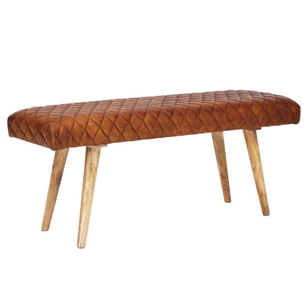 Banc Wohnling en cuir véritable / banc en bois massif 115x53x38 cm, marron, WL6.091