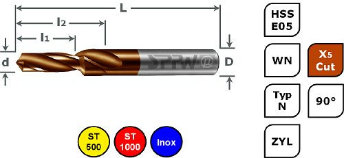 Foret pas court SPPW HSS-E05 + X5Cut 90° L : 107x29x54 Ø10,2x14 M12, 1235671200