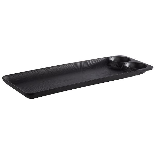 Plateau APS -NERO-, 41 x 15 x 2,5 cm, mélamine, noir, avec 2 bols / évidements intégrés, Ø 6 cm, 30 ml, 85097