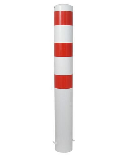 Poteau de barrière Schake en acier, galvanisé, revêtement blanc, 3 bandes rouges, dm 193, H 2000 mm, à encastrer dans le béton, 249356