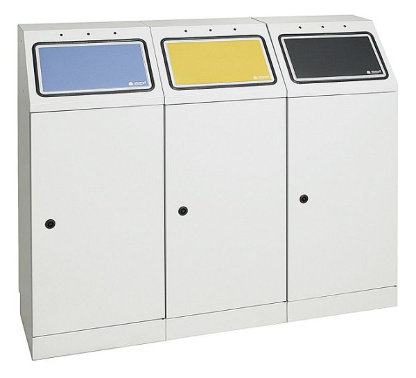 tri des déchets contondants FD 45, station à 3 voies, conteneur pour montage mural, RAL 7035/ProPads, conteneur intérieur galvanisé, 3x45 litres, 636-045-3-1-200