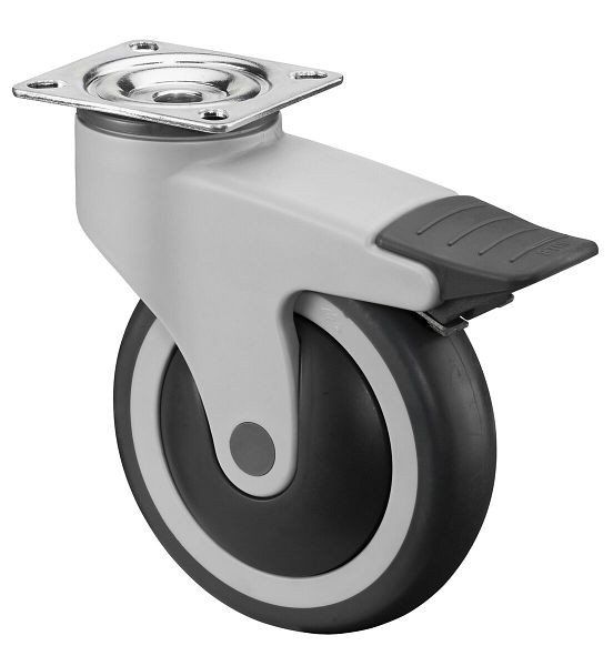 Rouleaux BS Rouleau en plastique avec frein, largeur 32 mm, Ø125 mm, jusqu'à 100 kg, bande de roulement en caoutchouc gris, corps de roue en plastique, roulement à billes, plateau, C120.A82.125