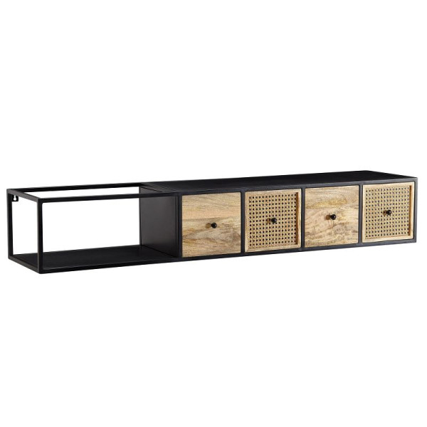 Wohnling Lowboard suspendu en manguier massif/métal 150x25x35 cm meuble TV noir, table TV design tresse viennoise moderne, WL6.588